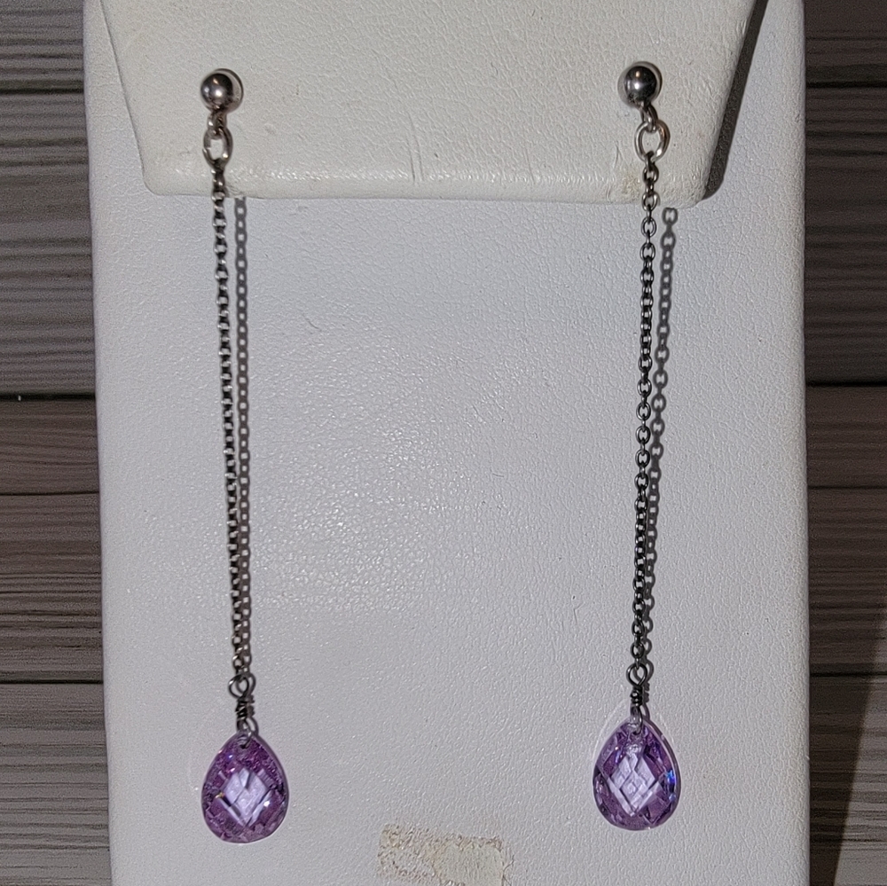 Vintage 925 Sterling Silver Purple Faceted Briolette Long Dangle Earrings